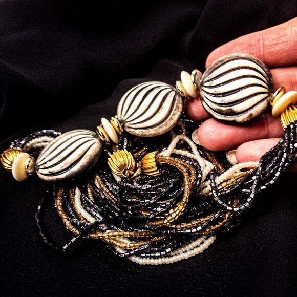 Vintage Multi-Strand Black/Ivory Beaded Opera Necklace - Picture 6 of 7